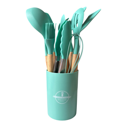 12-Piece Silicone Kitchen Utensils Set with Wooden Handles – Heat Resistant, Non-Stick Cooking Tools & Spoons, Available in 9 Colors