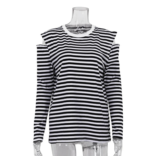 Women's Off-Shoulder Stripe Top - Long Sleeve Casual Blouse