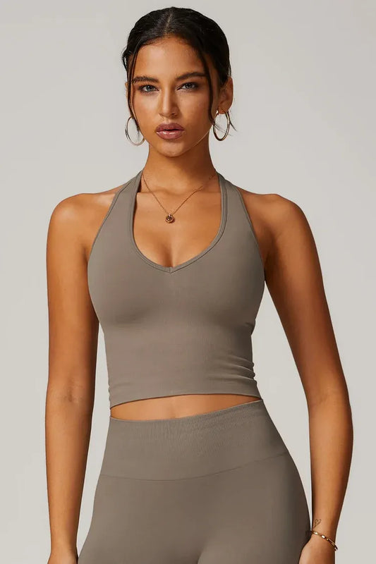 Open Back Halterneck Yoga Top - Seamless Built-in Bra